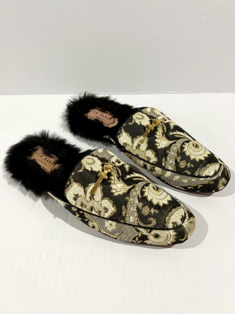 Ted Baker London Brocade Mule Loafers Slippers 10 Faux Fur